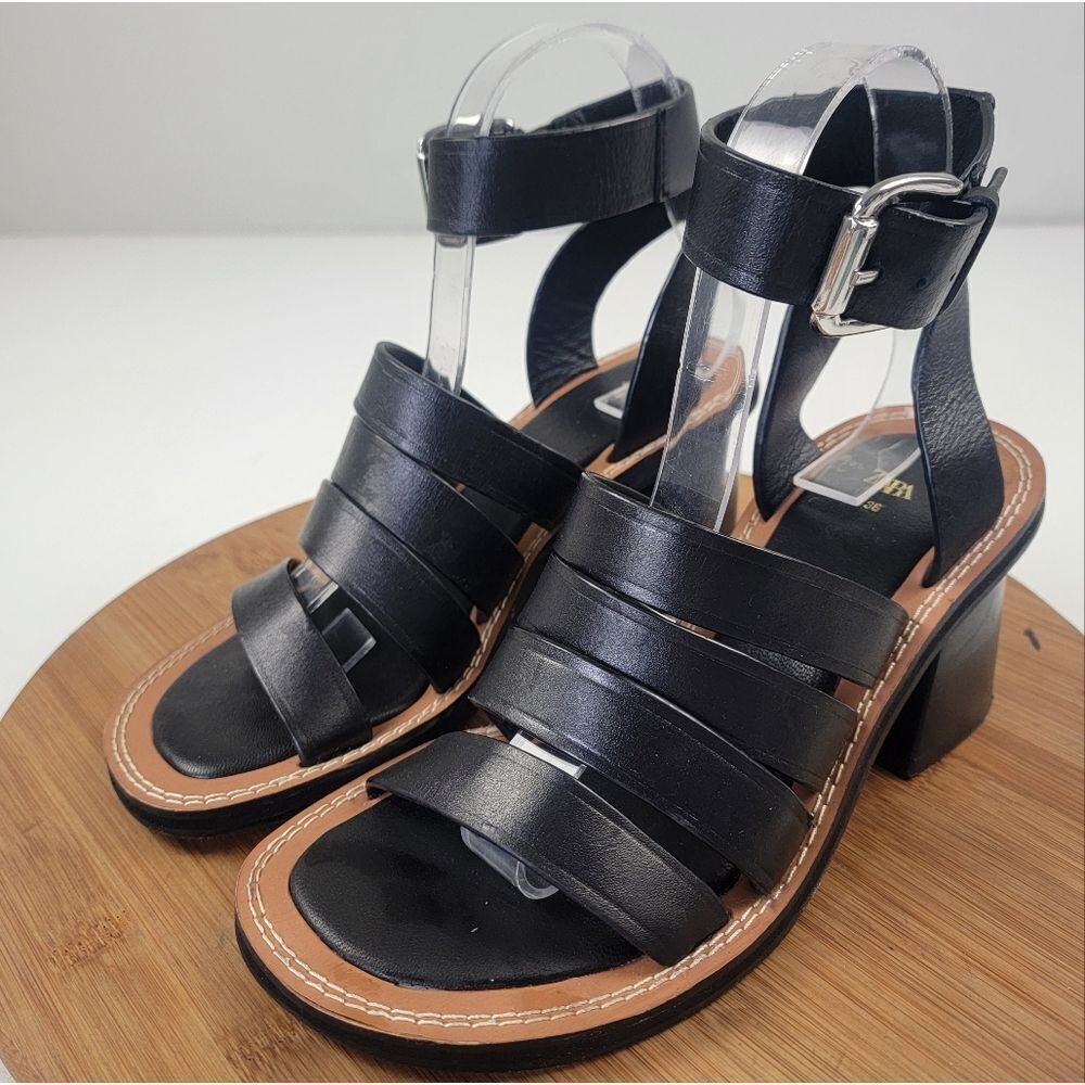 Zara Black Leather Strappy Block Heels Womens Shoe Size EU 36 US 6 - Picture 3 of 15